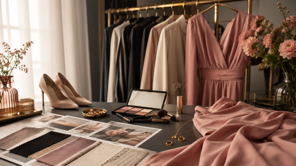 Vestuario, maquillaje y accesorios preparados para una sesión de fotos.